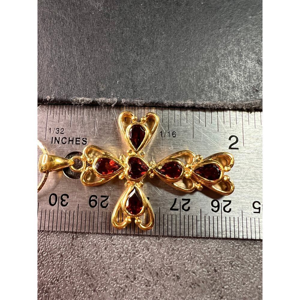 Vintage SETA Garnet Cross Pendant Necklace Gold Tone 24” - Picture 13 of 13
